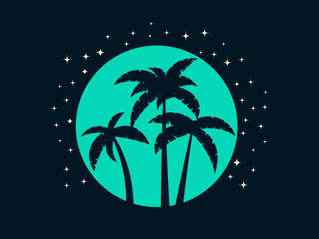 Black contour of palm trees on the background of the moon in vintage style. Silhouette of palm trees on a full moon with stars. Design of advertising booklets and banners. vector illustrationのイラスト素材