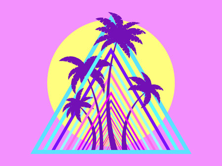 80s retro sci-fi palm trees on a sunset. Retro futuristic sun with palm trees in a triangular frame. Synth wave style. Design for advertising brochures, banners and posters. vector illustrationのイラスト素材