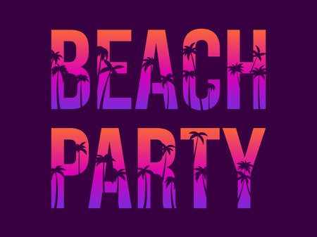Beach party poster with palm trees on a sunset. Palm trees inside letters. Gradient tropical palms. summertime. Design for banners, booklets and promotional materials. vector illustrationのイラスト素材