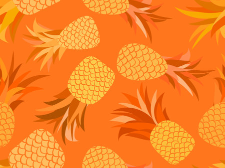 Pineapple seamless pattern. summer fruit pattern. Pineapple fruit on orange background. Tropical design for T-shirts, prints on paper and fabric. vector illustrationのイラスト素材