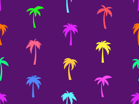 Palm tree seamless pattern. Summer time, tropical pattern with colorful palm trees on violet background. Design for printing t-shirts, banners and promotional items. vector illustrationのイラスト素材