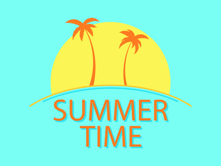 Summer time banner with text and two palm trees at sunrise. Summer tropical sunrise in 90s style. Design for advertising brochures, banners and travel agencies. vector illustrationのイラスト素材