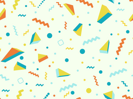 Geometric seamless pattern with 3d figures in 80s - 90s memphis style. Colorful background with...