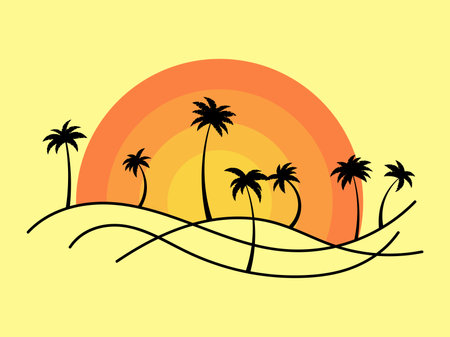 Line landscape outline with palm trees and rising sun on a yellow background. Summer tropical landscape in a minimalist style. Design for printing t-shirt and banner. vector illustrationのイラスト素材