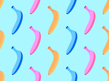 Seamless pattern with colorful bananas on a blue background. Exotic sweet bananas in 80s style. Design for posters, wrapping paper and wallpapers. vector illustrationのイラスト素材