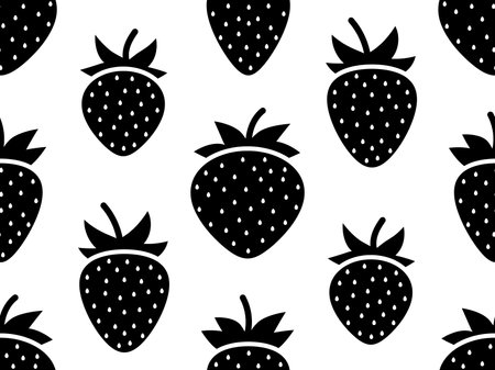 Seamless pattern with black strawberries on a white background. Red strawberries with seeds. Strawberry sweet berries. Design for posters, wrapping paper and wallpapers. vector illustrationのイラスト素材
