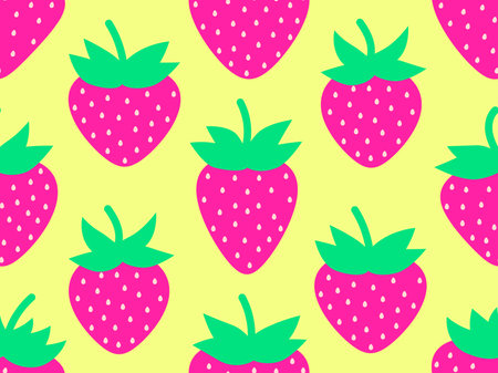 Seamless pattern with pink strawberries on a yellow background. Red strawberries with seeds. Strawberry sweet berries. Design for posters, wrapping paper and wallpapers. vector illustrationのイラスト素材