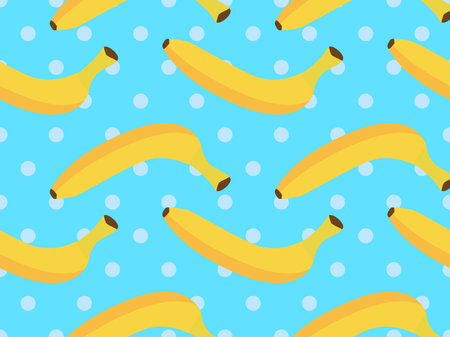 Seamless pattern with yellow bananas on a blue dotted background. Exotic ripe bananas. Design for posters, wrapping paper and wallpapers. vector illustrationのイラスト素材