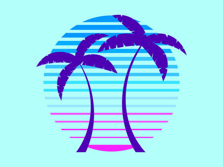 Sunset with palm trees in 80s style. summer party. Retro futuristic sun with outline palm trees in synthwave style. Design for printing advertising brochures, banners and posters. vector illustrationのイラスト素材