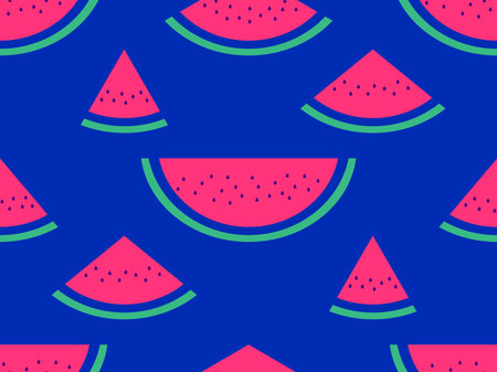 Seamless pattern with watermelon slices on a blue background. Watermelon with seeds. Tropical summer...