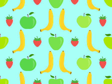 Seamless pattern with bananas, apples and strawberries on blue background. Tropical summer fruit pattern. Design for printing on fabric, paper and banners. vector illustrationのイラスト素材