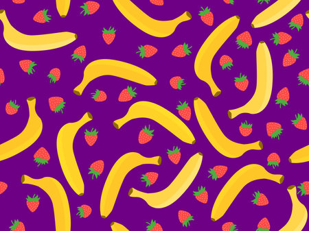 Seamless pattern with bananas and strawberries on a purple background. Tropical fruit strawberry and banana. Design of printing, banners and promotional materials. vector illustrationのイラスト素材