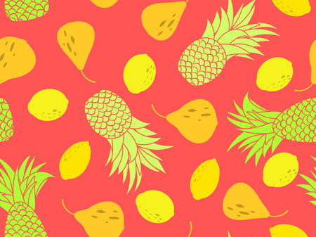 Seamless pattern with pineapples, lemons and pears. Fruit mix tropical summer background. Design of...