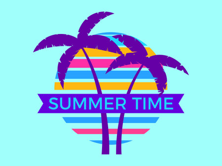 Silhouettes of two palm trees against the backdrop of a retro sun in the style of the 80s. Summertime text on ribbon. Design for printing advertising brochure, banner and poster. vector illustrationのイラスト素材