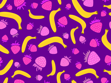 Strawberries with bananas seamless pattern. Bananas and strawberries on a purple background. Summer fruit mix in minimalist style. Design for wrappers, prints on paper, banners. vector illustrationのイラスト素材