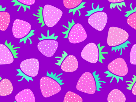 Seamless pattern with pink strawberries on a violet background. Red strawberries with seeds. Strawberry sweet berries. Design for posters, wrapping paper and wallpapers. vector illustrationのイラスト素材