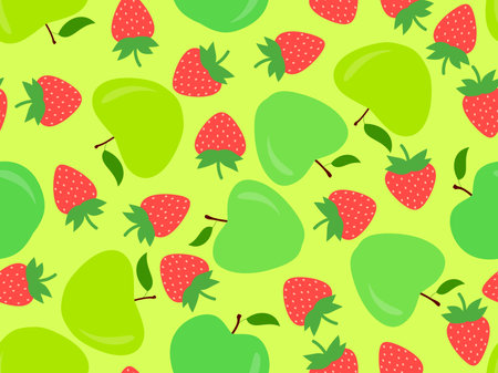 Seamless pattern with apples and strawberries. Summer fruit pattern with green apples and red strawberries. Design for printing on fabric, paper and banners. vector illustrationのイラスト素材
