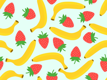 Seamless pattern with bananas and strawberries. Tropical summer fruit pattern. Design for printing on fabric, paper and banners. vector illustrationのイラスト素材