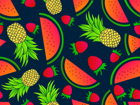 Seamless pattern with strawberry, watermelon and pineapple. Summer berry fruit mix with pineapples, strawberries and watermelon with gradient colors. Design for print and banner. vector illustrationのイラスト素材