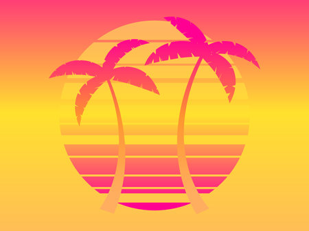 Two palm trees on a sunset 80s retro sci-fi style. summertime. Futuristic sun retro wave with gradient color. Design for advertising brochures, banners, posters, travel agencies. vector illustrationのイラスト素材