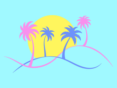 Palm trees on a wavy landscape in a linear style. Summer tropical landscape in a minimalist style. Design for printing t-shirt and banner. vector illustrationのイラスト素材