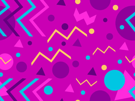 Memphis seamless pattern with geometric shapes in 80s style. Multicolored geometric shapes. Design of promotional products, wrapping paper, covers and printing. vector illustrationのイラスト素材