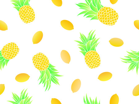 Pineapple and lemon seamless pattern. Summer fruit mix with gradient lemons and pineapples on a white background. Design for printing on paper, wrapping and banners. vector illustrationのイラスト素材