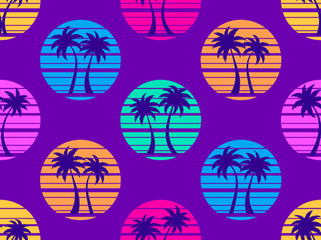 Seamless pattern with palm trees at sunset 80s retro style. Summer time, futuristic sun with palm trees in synthwave style. Design for print, promotional items, cover and poster. vector illustrationのイラスト素材