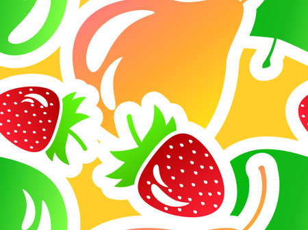 Seamless pattern with strawberry, apple and pear. Summer fruit and berry mix of apple, pear and strawberry with stroke in 3d style. Design for print, fabric and poster. vector illustrationのイラスト素材
