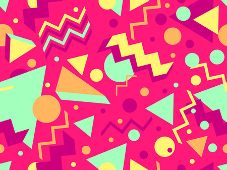 3D geometric seamless pattern in 80s style. 3d isometric triangles, zigzags and circles. Geometric memphis style. Design for promotional products, wrapping paper and printing. vector illustrationのイラスト素材
