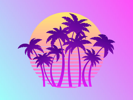 Palm trees on a sunset 80s retro sci-fi style. summertime. Futuristic sun retro wave. gradient palm trees. Design for advertising brochures, banners, posters, travel agencies. vector illustrationのイラスト素材