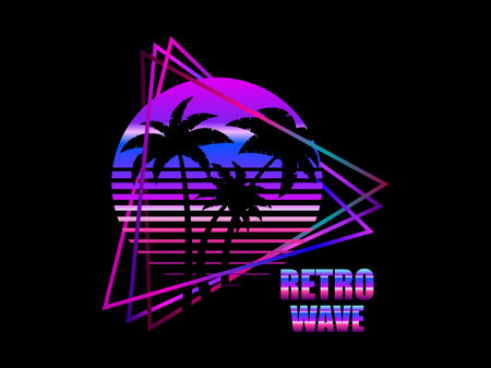 Retro waves banner with sun and palm trees in triangular frame. Futuristic retro sunset with palm trees in 80s style, gradient color. Synth wave style. Design for banner and poster. vector illustrationのイラスト素材