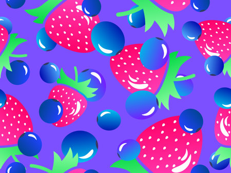 Blueberries and strawberries in 3d style seamless pattern. Summer berry mix with strawberries and blueberries with gradient color. Design for wallpapers, banners and posters. vector illustrationのイラスト素材