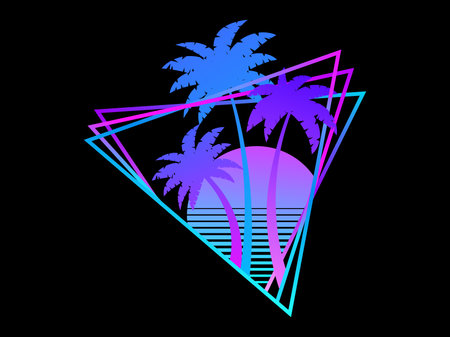 Retro waves banner with sun and palm trees in triangular frame. Futuristic retro sunset with palm trees in 80s style, gradient color. Synth wave style. Design for banner and poster. vector illustrationのイラスト素材