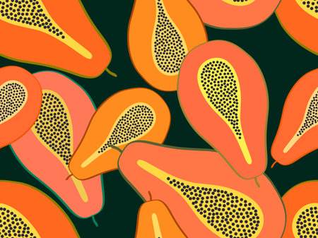 Seamless pattern with papaya on a black background. Half cut papaya with seeds in flat style. Design for printing on paper and fabric, banners and posters. vector illustrationのイラスト素材