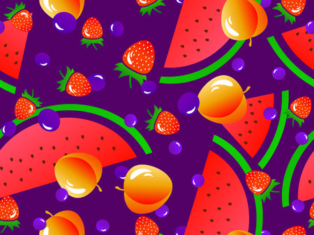 Seamless pattern with watermelon, peach, strawberry, blueberry. Summer exotic mix fruit with gradient colors in 3d style. Design for banners, posters and promotional materials. vector illustrationのイラスト素材