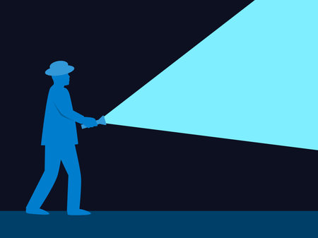 Man shines a flashlight. A male silhouette in a hat holds a flashlight in his hand. Flashlight shines with a blue light in a dark place. Design for posters, prints and banners. vector illustrationのイラスト素材