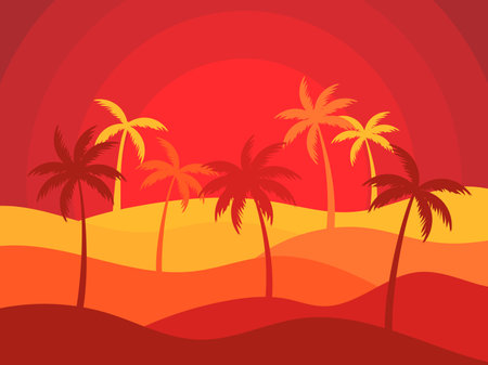 Wavy desert landscape with sun and palm trees in cut paper style. Sunrise in the desert, sand dunes with silhouettes of palm trees. Design for print, banners and posters. Vetornaya illustrationのイラスト素材