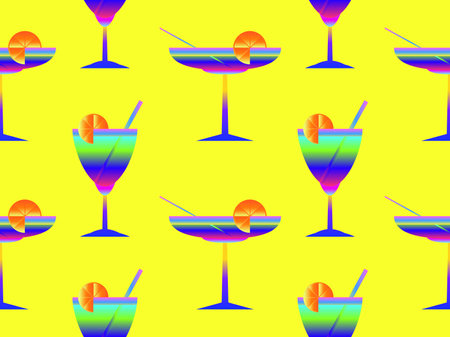 Seamless pattern with gradient cocktails and straws. Alcoholic cocktail with a straw and a slice of orange in the style of the 80s. Design of wallpaper and banner. vector illustrationのイラスト素材