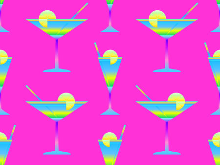Seamless pattern with gradient cocktails and straws. Cone glass for vermouth with a straw and a slice of lemon in the style of the 80s. Design of wallpaper and banner. vector illustrationのイラスト素材