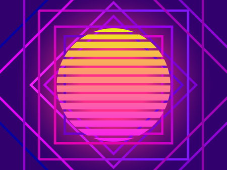 Retro futuristic sun in 80s style. Retrowave and synthwave background. Gradient retro sun in yellow, orange and pink colors. Futuristic sunset, virtual reality. vector illustrationのイラスト素材