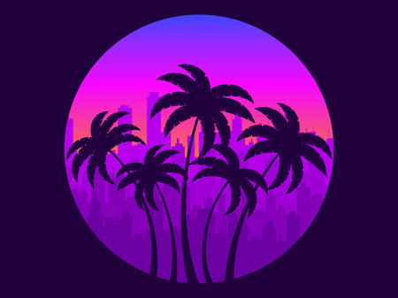 Palm trees against the backdrop of the city and the gradient sun. City skyline with skyscrapers at sunset. Outlines of tropical palm trees at sunset. Design for banner and poster. vector illustrationのイラスト素材