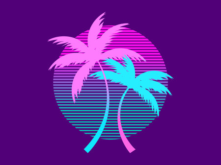 Tropical palm trees at sunset in a futuristic 80s style. Summer time, silhouettes of palm trees in synthwave and retrowave style. Design of advertising booklets and banners. vector illustrationのイラスト素材