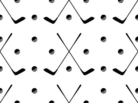 Seamless pattern with golf clubs. Black and white pattern with golf putter and a golf ball in a minimalist style. Design for print, banners and posters, promotional items. vector illustrationのイラスト素材