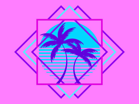 Retro sci-fi palm trees from the 80s at sunset in a square frame. Retro futuristic sun with palm trees. Synthwave and retrowave style. Design of advertising banners and posters. vector illustrationのイラスト素材