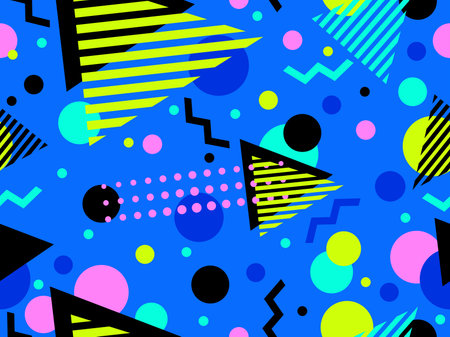 Memphis seamless pattern with geometric shapes in 80s style. Abstract colorful background design for brochures, banners and promotional items. vector illustrationのイラスト素材