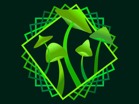 Green bioluminescent mushrooms in a square frame. Fluorescent glowing mushrooms with a bright glow. Bioluminescent fungus. Design for poster, banner and promotional items. vector illustrationのイラスト素材