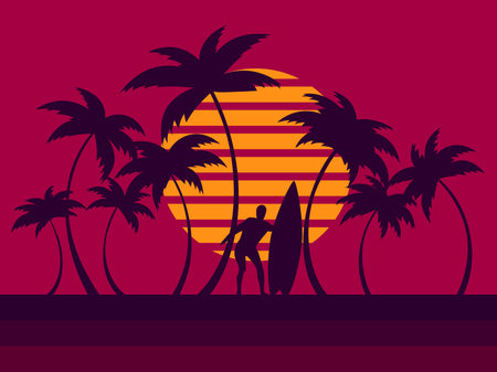 Surfer with a surfboard with palm trees at sunset in 80s style. Black silhouettes of palm trees with curved trunks and a surfer with a surfboard. Design for posters and banners. Vector illustrationのイラスト素材