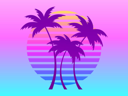 Palm trees on a sunset 80s retro sci-fi style. Gradient palm trees against a background of gradient sun. Futuristic sun retro wave. Design for brochure, banner and poster. Vector illustrationのイラスト素材