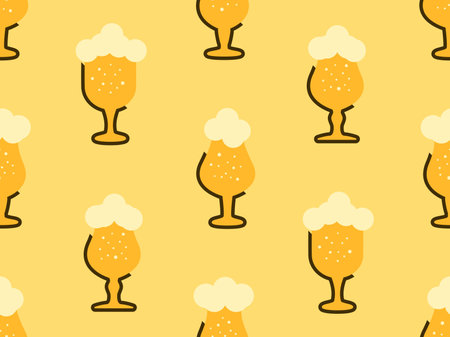 Glass of beer seamless pattern. Tulip beer glass with light beer. A glass of foamy beer in a modern minimalist style. Design for print, wallpaper and promotional products. Viton illustrationのイラスト素材